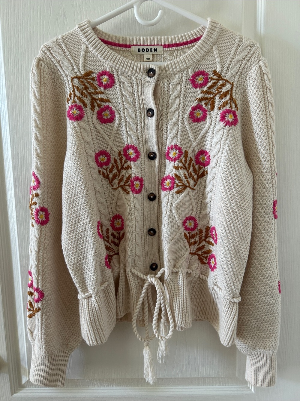 Boden Floral Embroidered Cable Knit Cardigan Ivor Pink Large Cottagecore Grandma